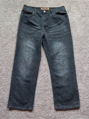 Vtg FUSAI Jeans Y2K Tribal Embroidered Baggy Wide Leg Black Denim Mens 38x30
